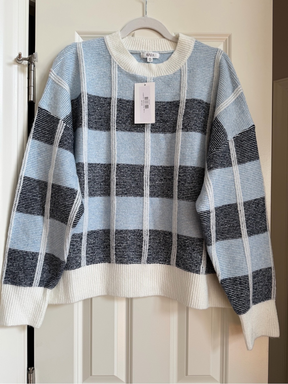 NWT AVARA Bonnie Knit Blue Plaid Crewneck Sweater Sz XL Cozy Preppy Fall Winter